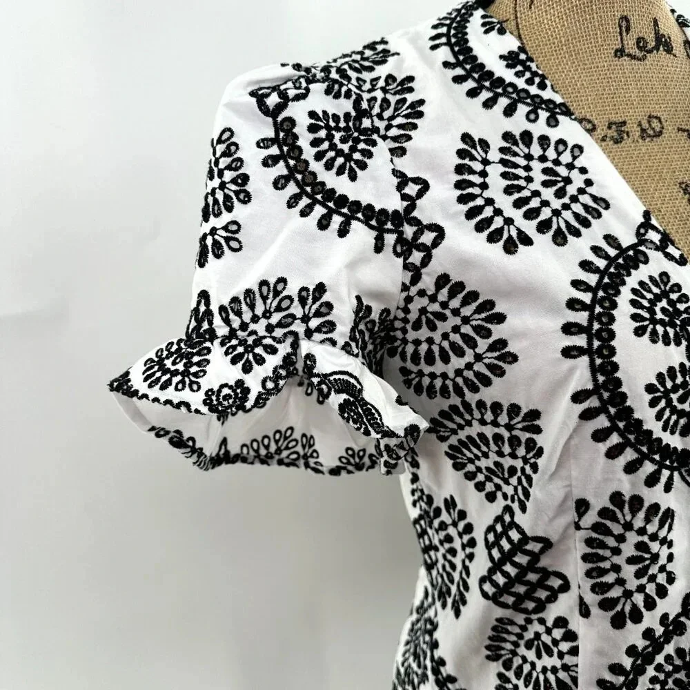 Zara Top Womens Small S‎ Embroidered Black Puff Flare Short Sleeve Blouse Boho